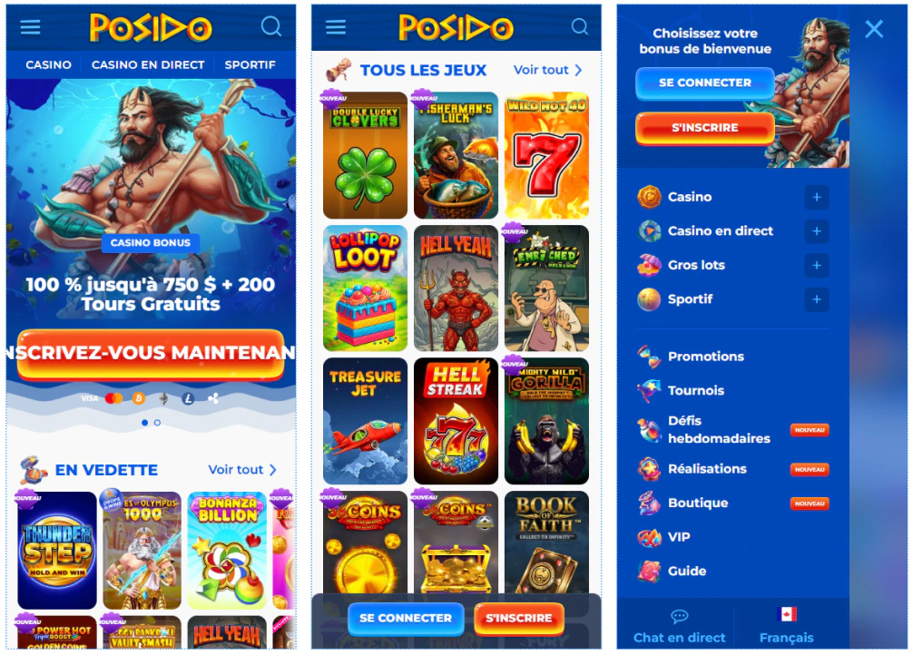 Version mobile de Posido avec casino et paris sportifs